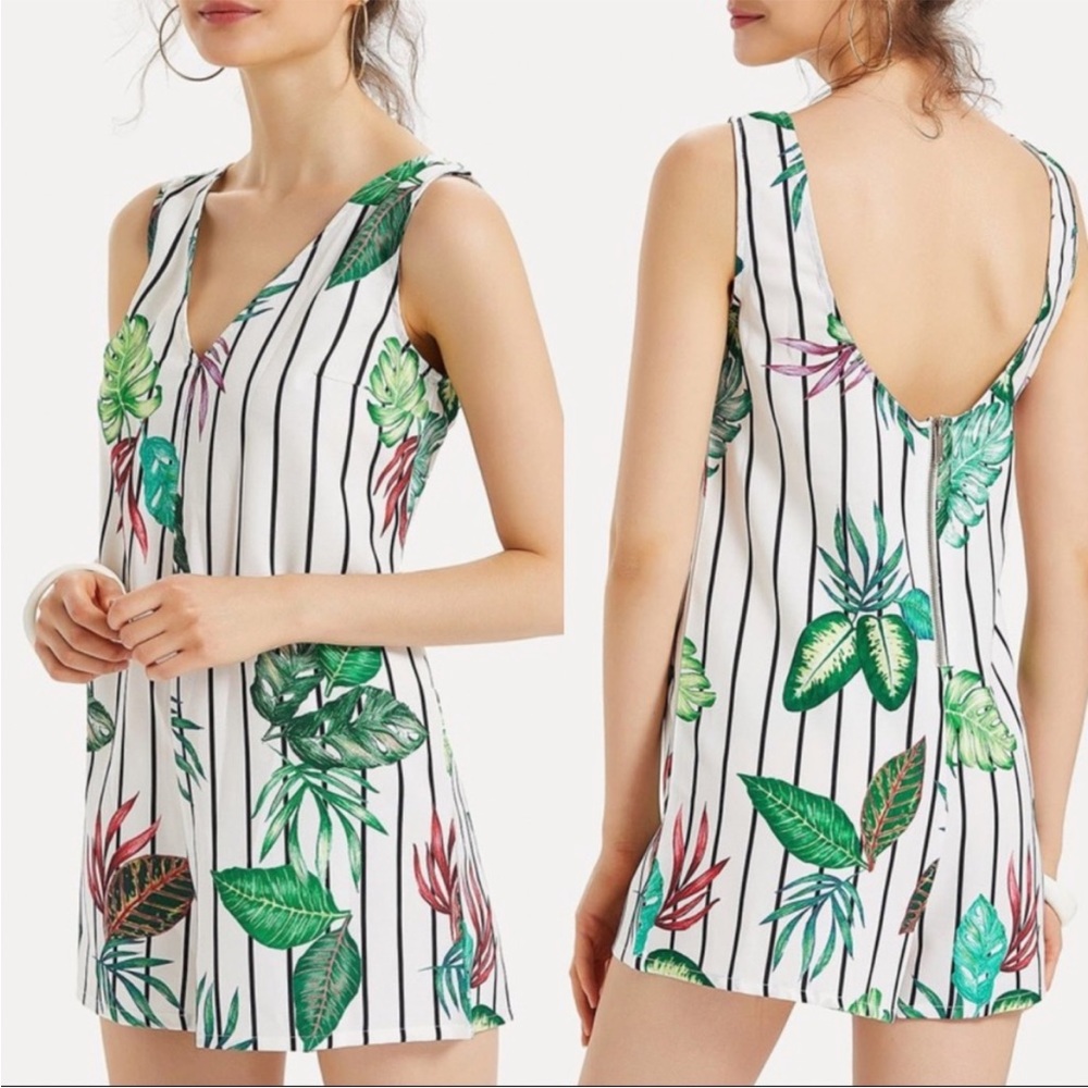 Zara Tropical Leaf Denim Romper